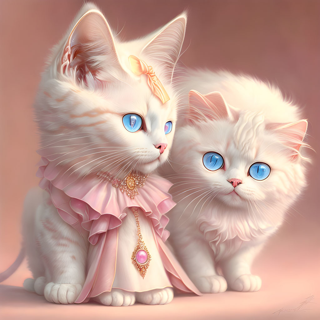 Stylized white cats with blue eyes in pink ruffles and gold jewelry