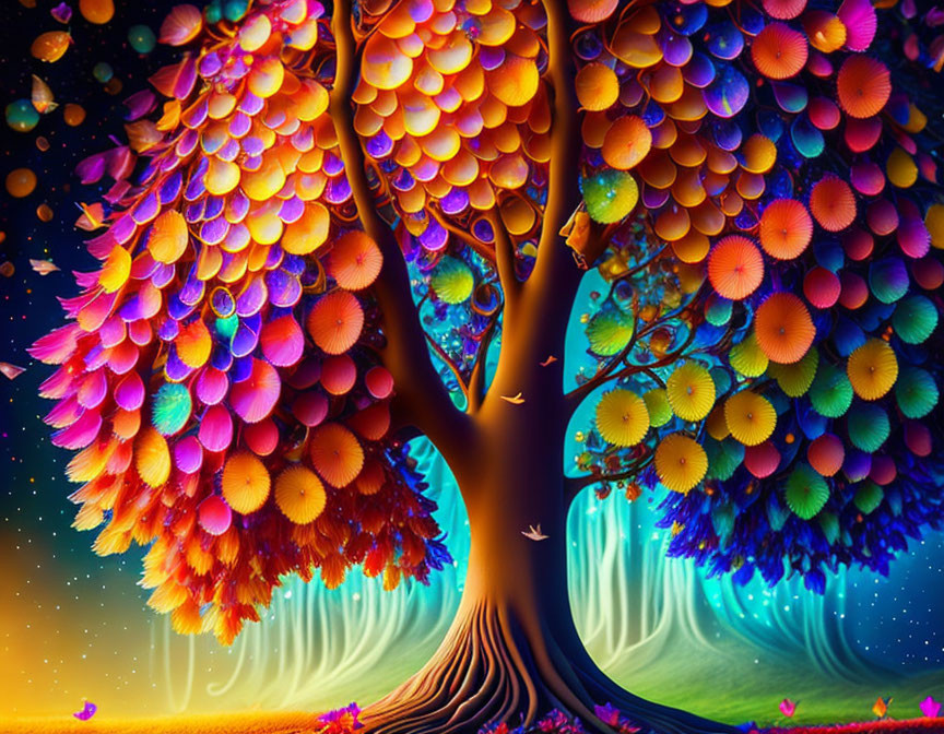 Colorful Digital Artwork: Whimsical Tree with Cosmic Background