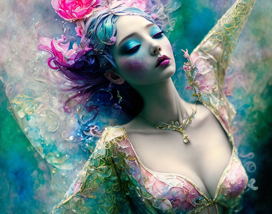 Portrait of woman with ethereal wings, blue and pink hair, flowers, ornate costume