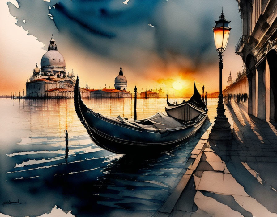 Serene Venetian Canal Watercolor Painting at Sunset