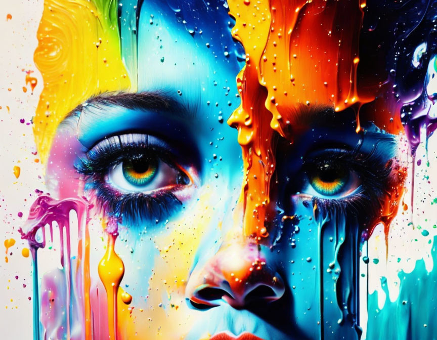 Vibrant abstract paint flows on woman's face against bright backdrop