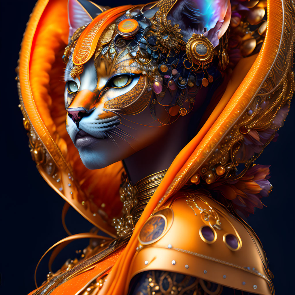 Digital artwork: Woman with feline features in golden headdress and armor on dark backdrop