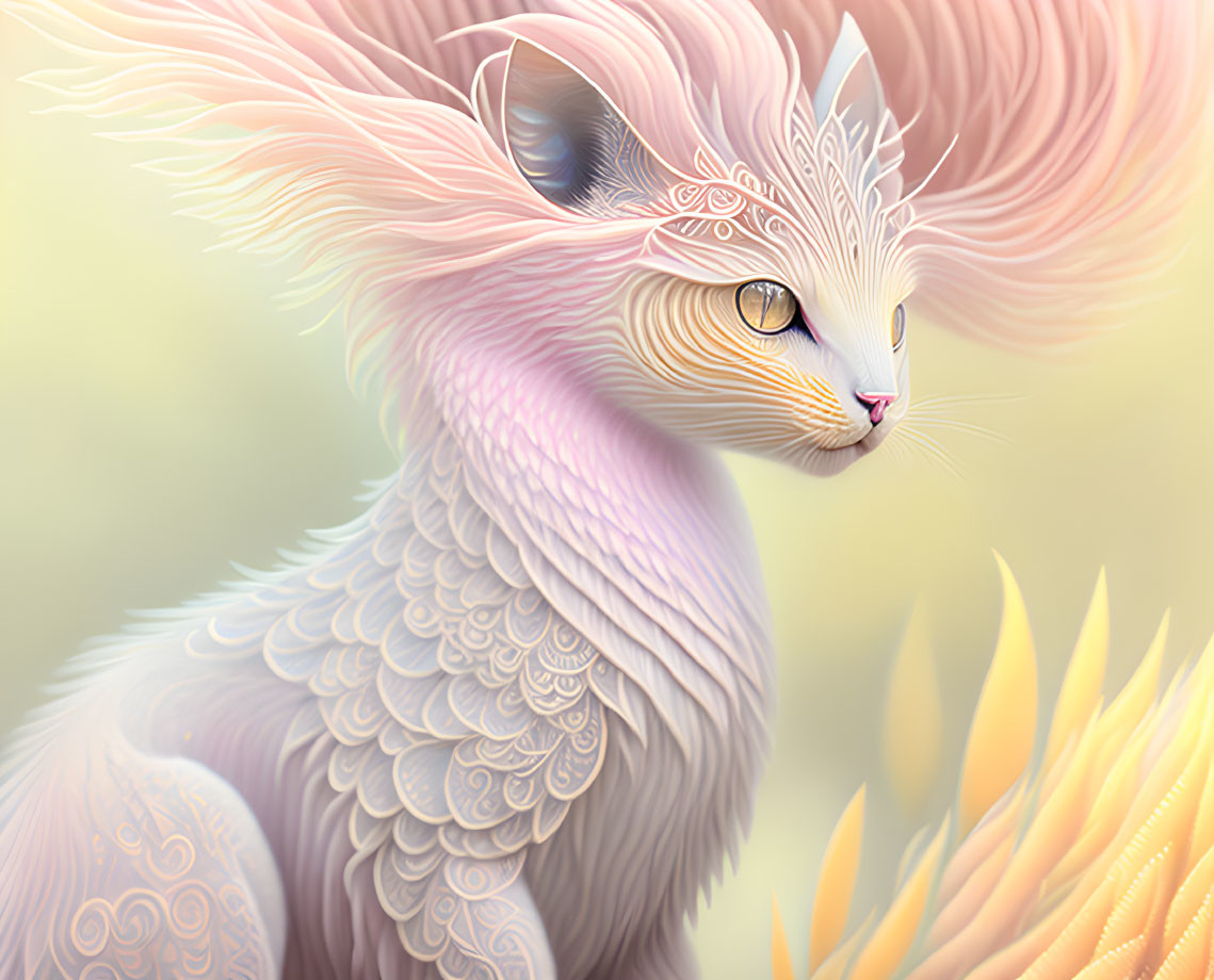 Illustration of mythical cat creature with intricate patterns and pastel plumage