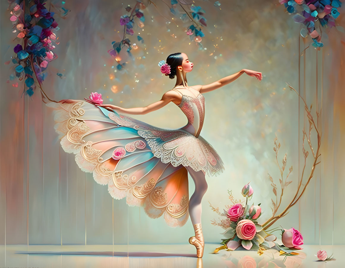 Graceful ballerina with intricate wings in whimsical setting with flowers & pastel colors