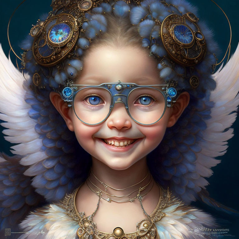 Digital Artwork: Young Girl with White Feathered Wings and Blue Glasses