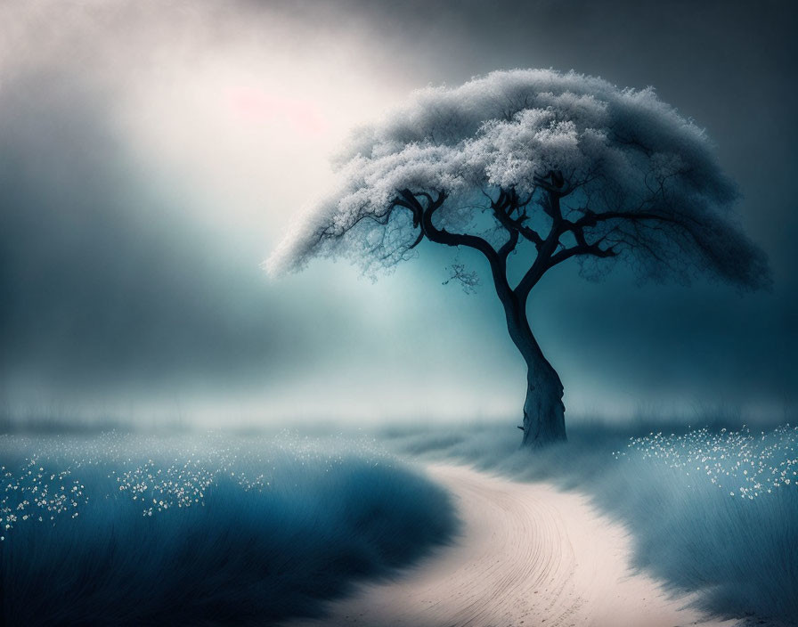 Snow-covered tree at path split under pink-tinted sky in misty field with glowing flowers.