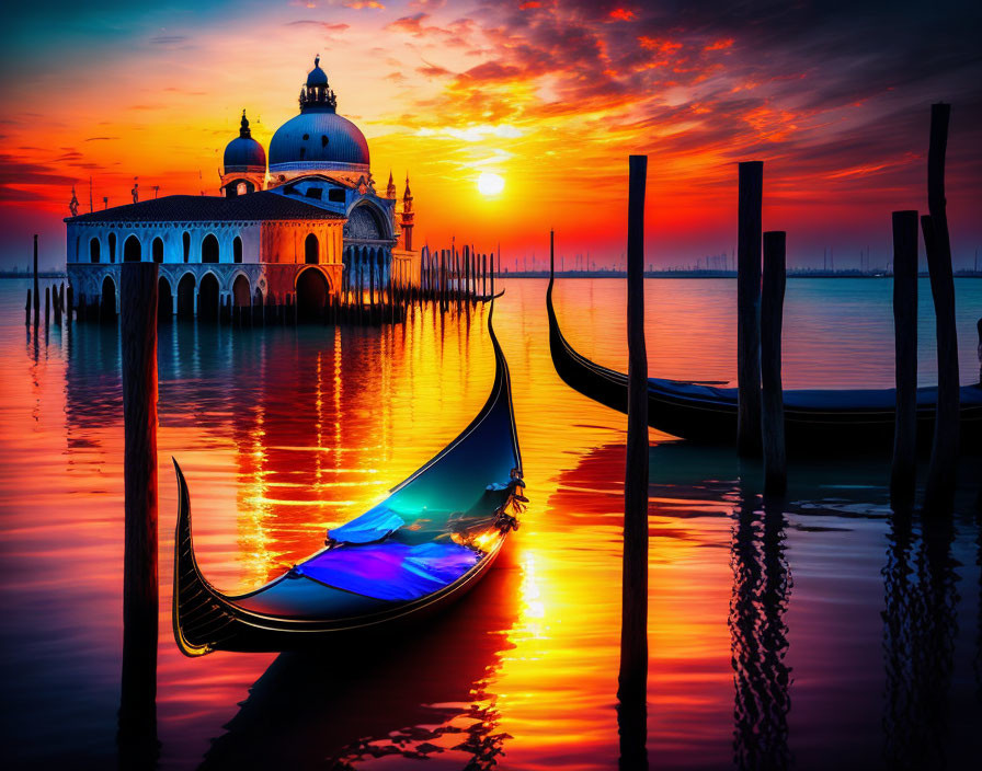 Venetian gondola at sunset near wooden mooring poles and grand waterfront building