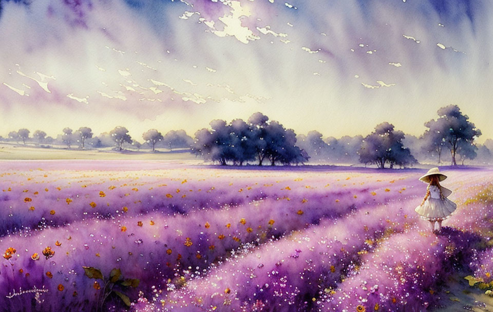 Person in straw hat strolling through vibrant purple flower field