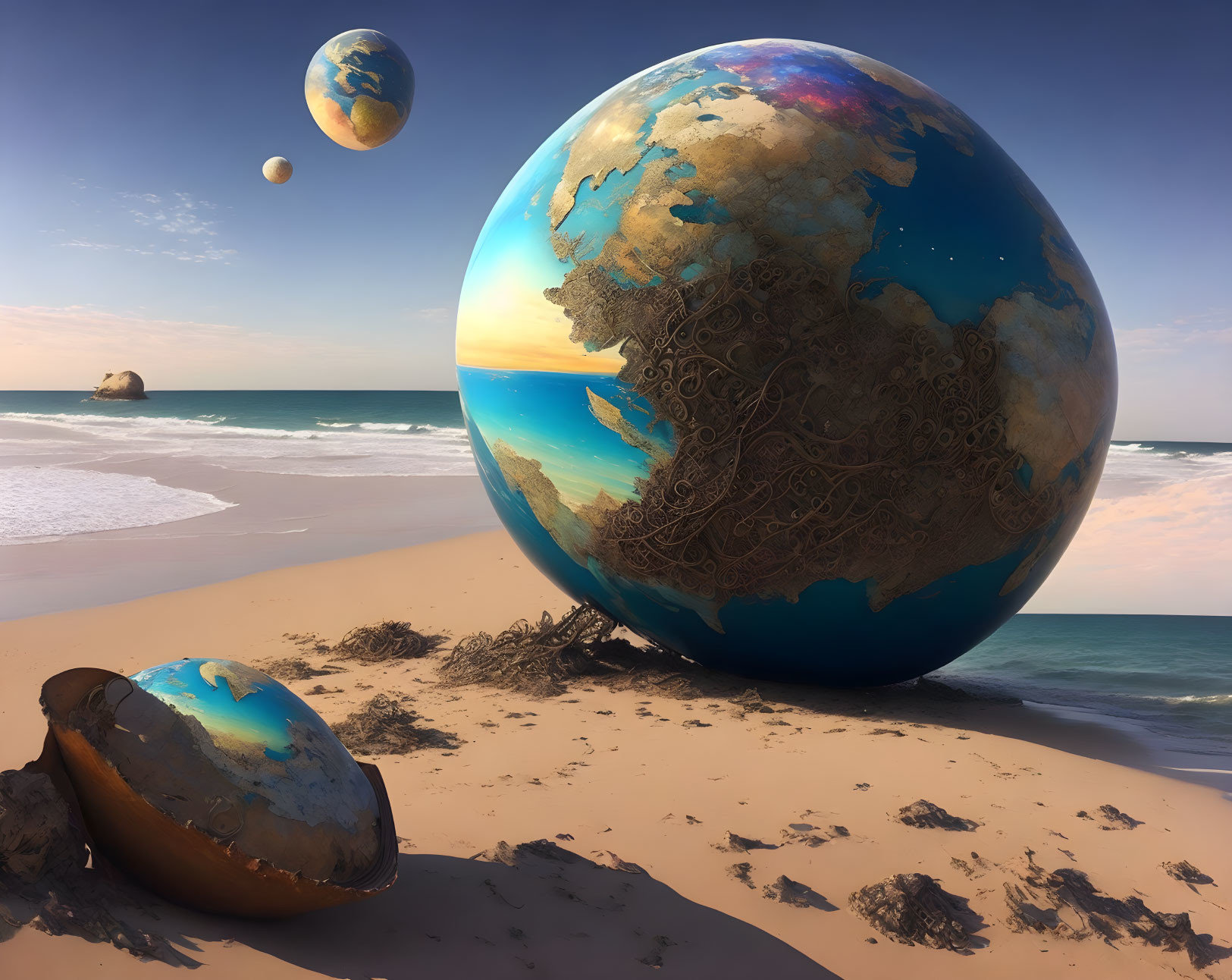 Surreal beach scene with oversized floating globes and cracked globe on shore