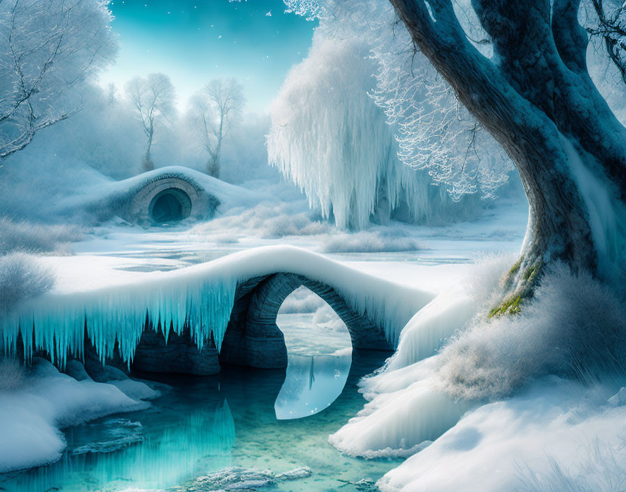 Snow-covered stone bridge over tranquil river in winter landscape