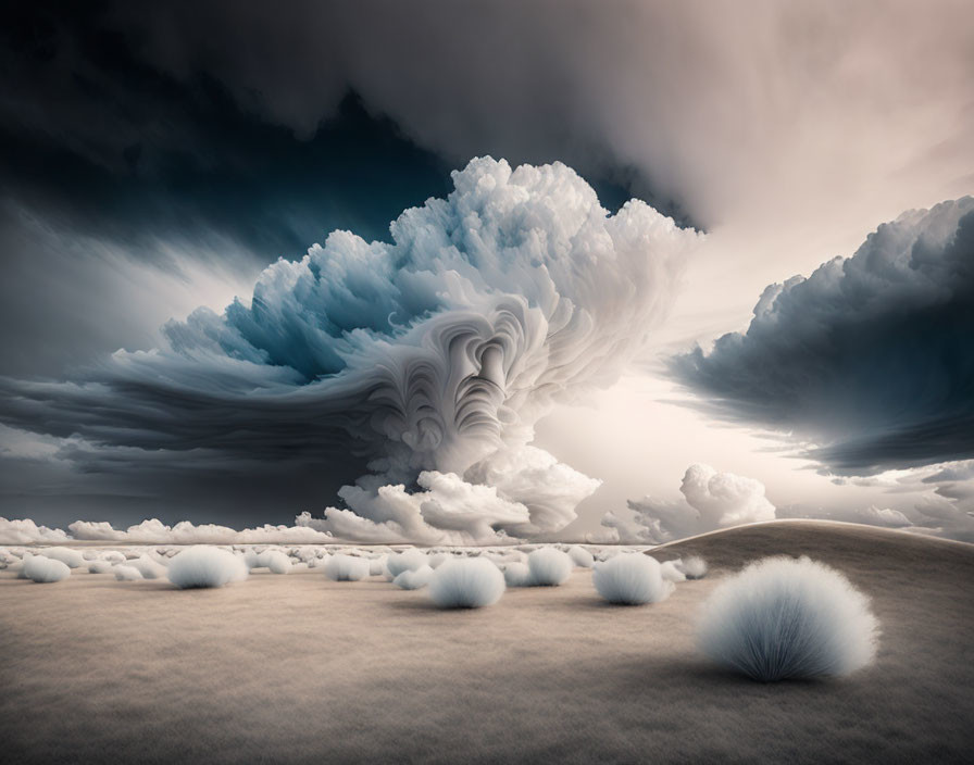 Surreal landscape with swirling clouds and fluffy white objects