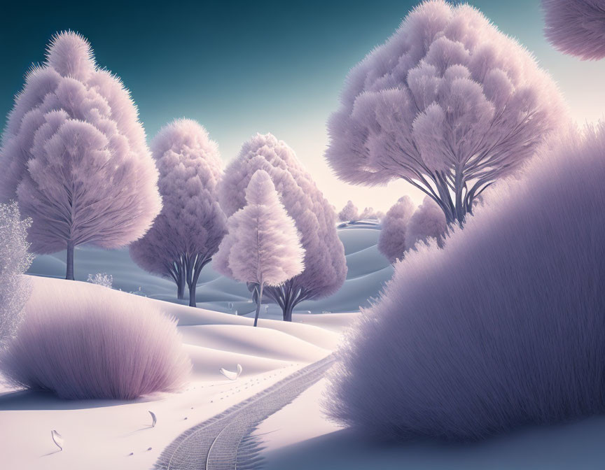 Snowy winter landscape with fluffy trees and tire tracks