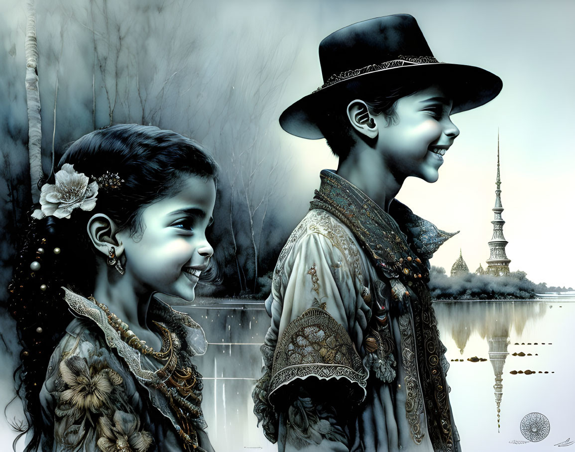 Digital illustration: Smiling children in traditional attire by serene water and distant temple.