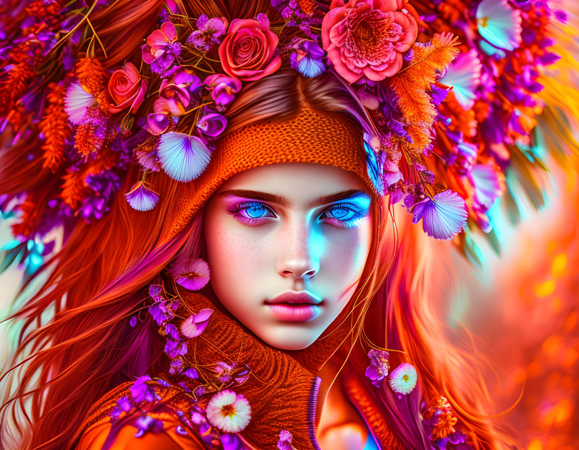 Colorful digital artwork of a woman with blue eyes, floral headpiece, and red hair.