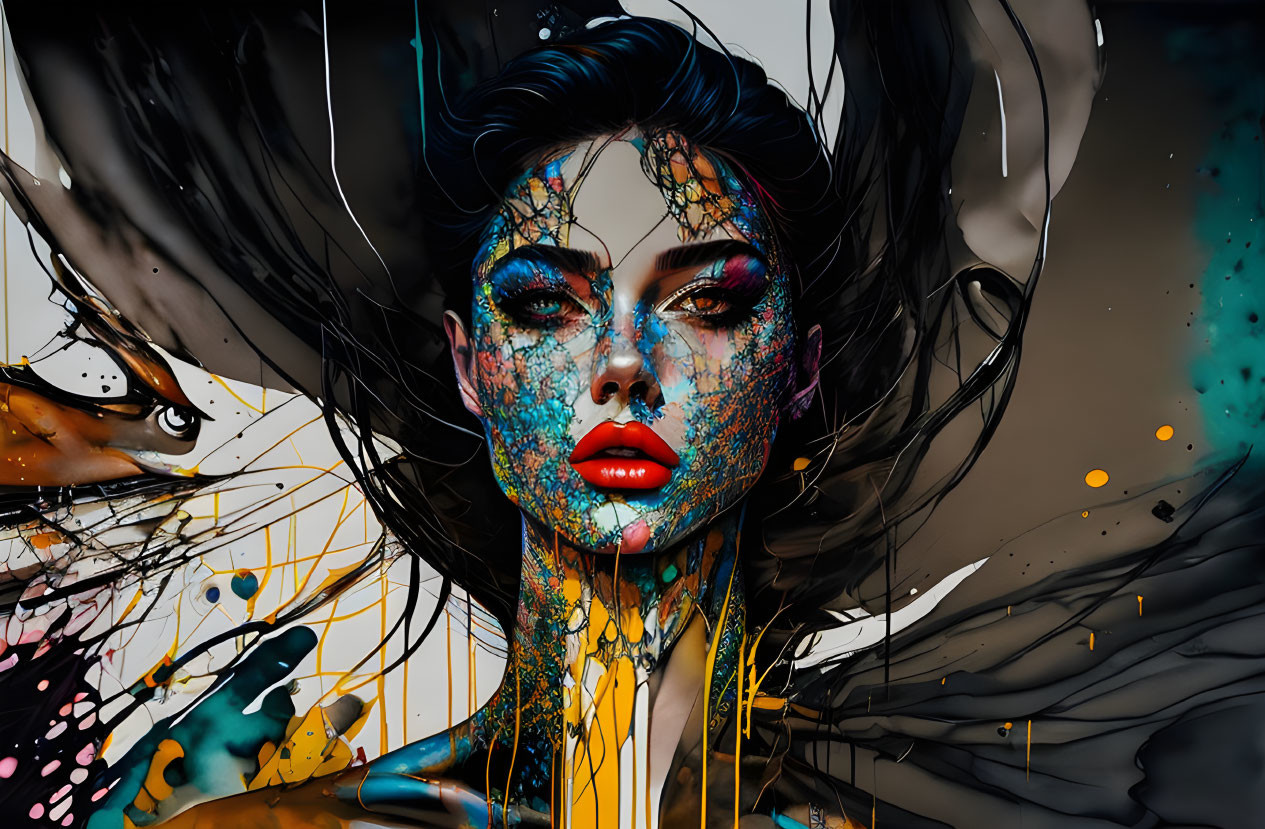 Abstract surreal portrait of woman with paint splatters and streaks