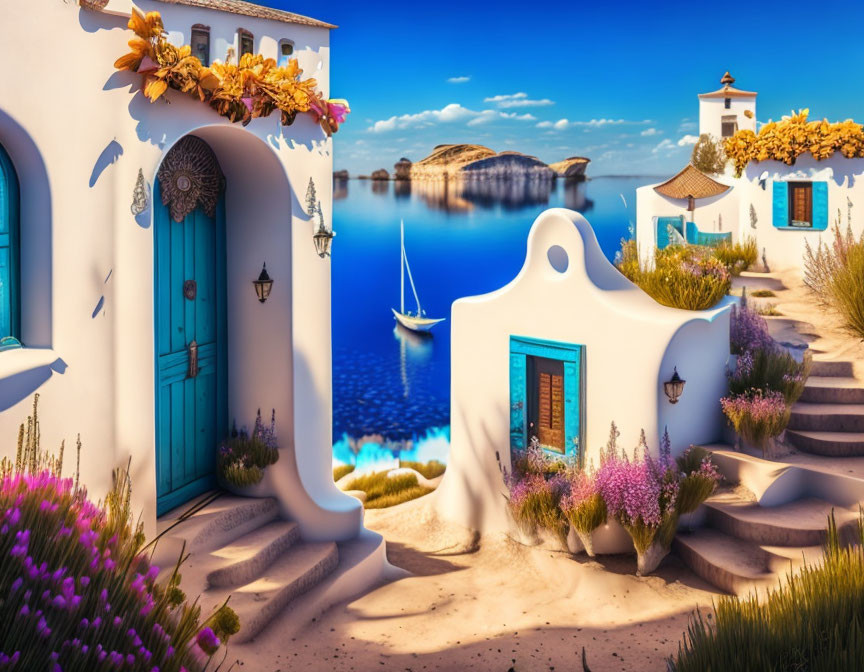 Traditional Greek island coastal scene with white-washed architecture, vibrant flowers, and sailboat on serene blue