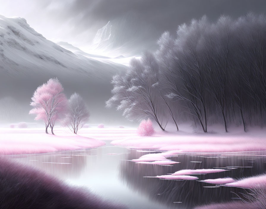 Ethereal landscape with pink ground, serene lake, delicate trees, snowy hillside