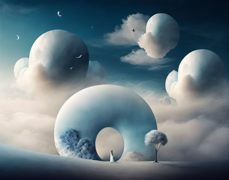 Surreal landscape with floating spheres, crescent moons, portal, tree, and birds