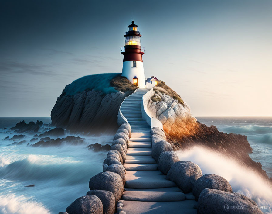 Tranquil seascape with stone pathway to lighthouse at twilight