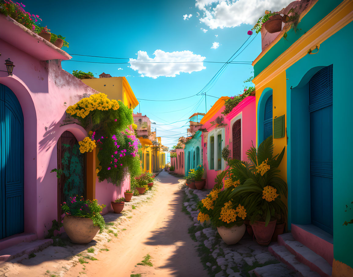 Vibrant Alley with Colorful Houses and Blooming Flowers