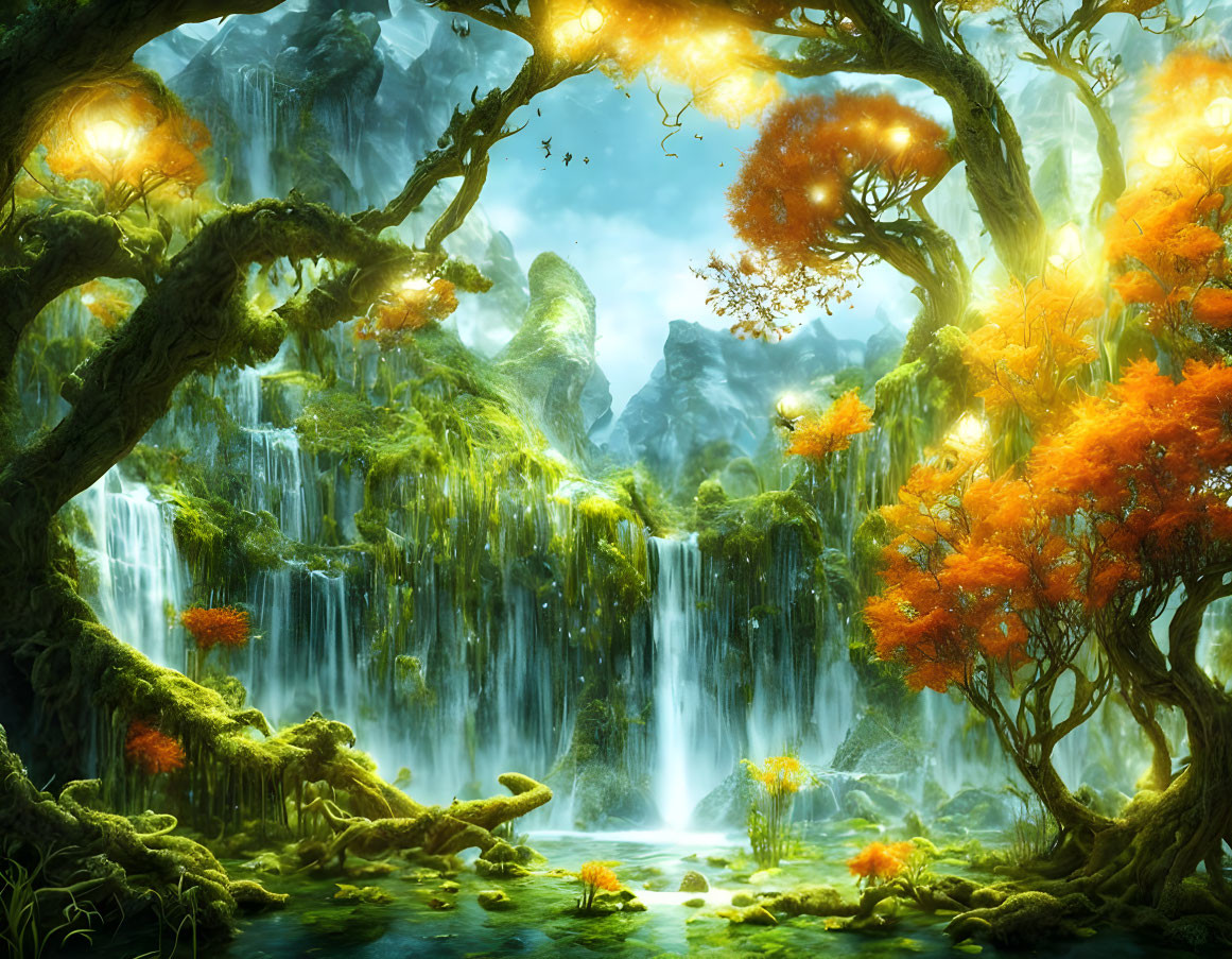 Enchanting forest scene with glowing trees, waterfalls, and misty mountains