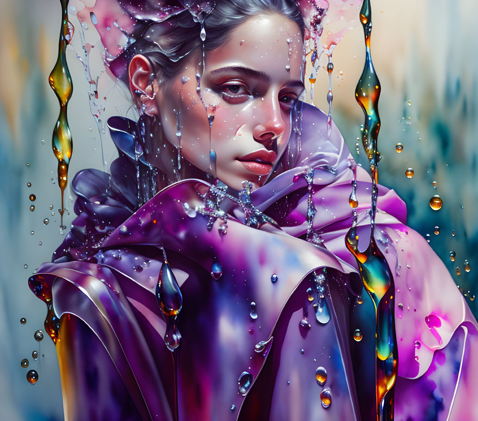 Woman in Purple Flowing Garment with Paint Drips and Beads