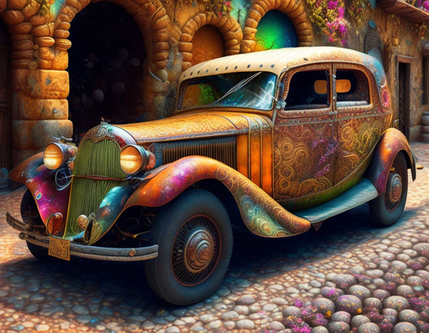 Colorful Vintage Car with Psychedelic Patterns Parked on Cobblestone Street