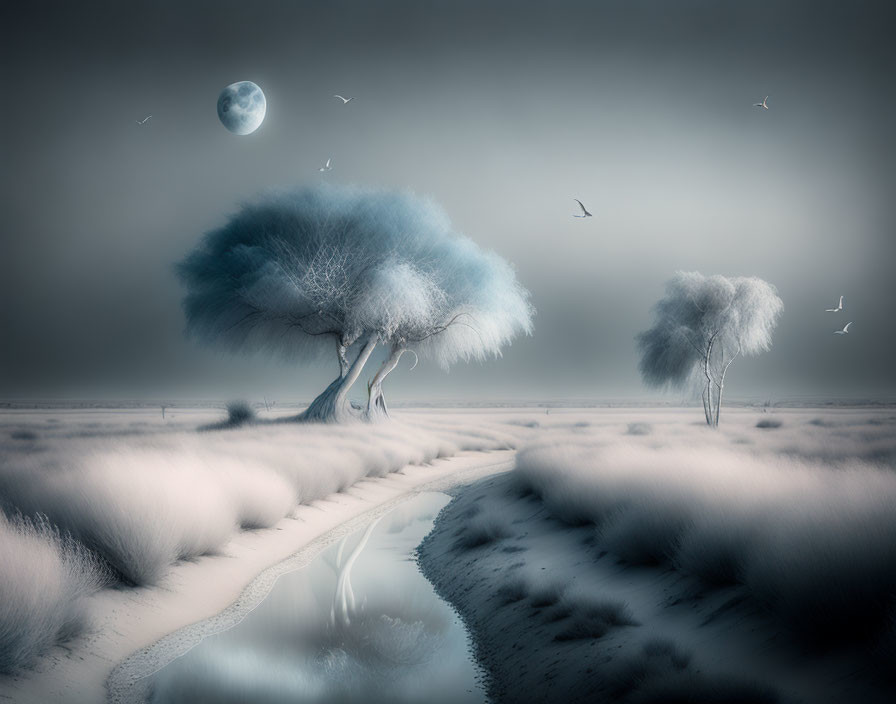 Ethereal landscape with whimsical trees, serpentine stream, fog, birds, and moon