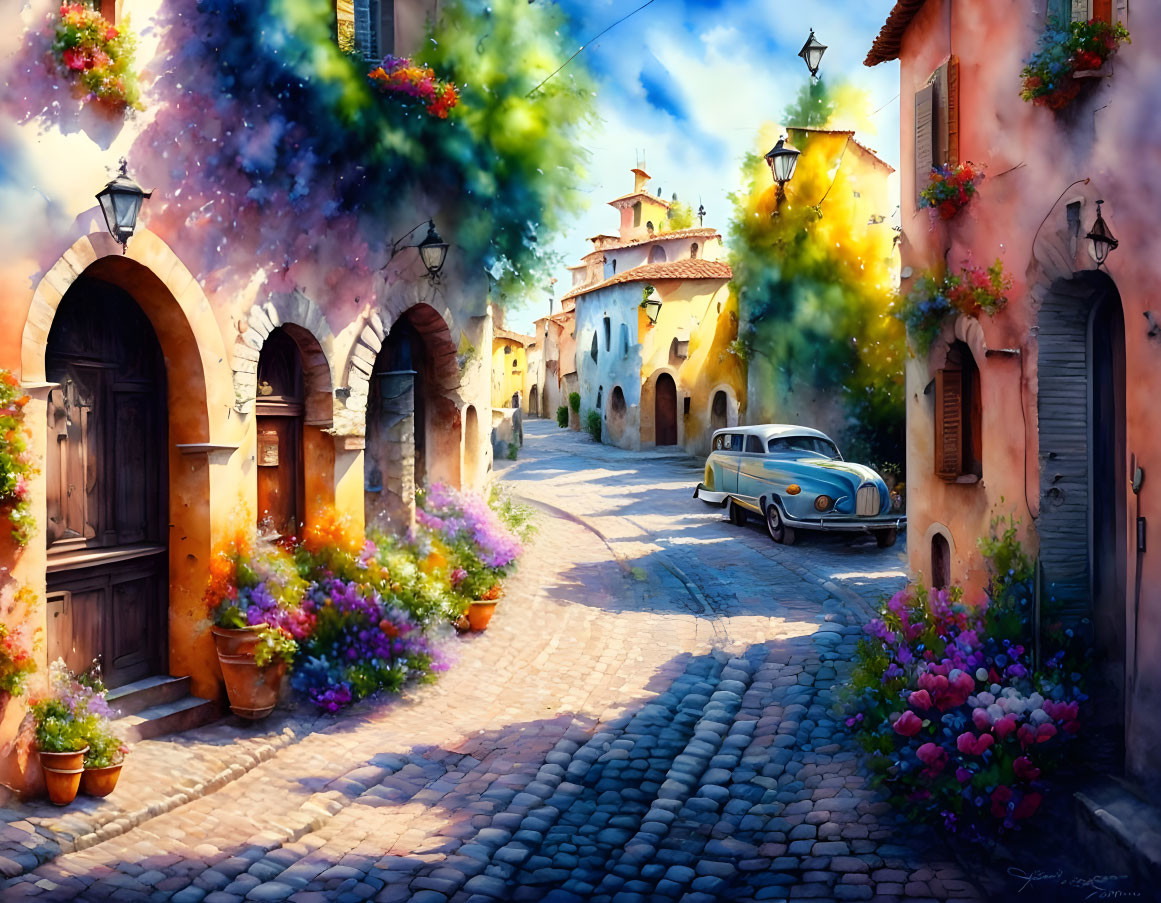 Charming cobblestone street with flowers, traditional houses, and classic car under starry sky