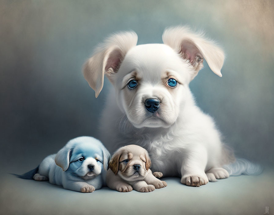 Three stylized cartoon puppies with big eyes and floppy ears in soft colors.