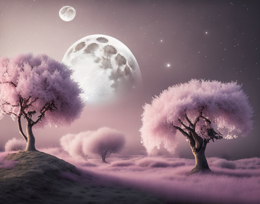 Surreal landscape with pink fluffy trees under large moon