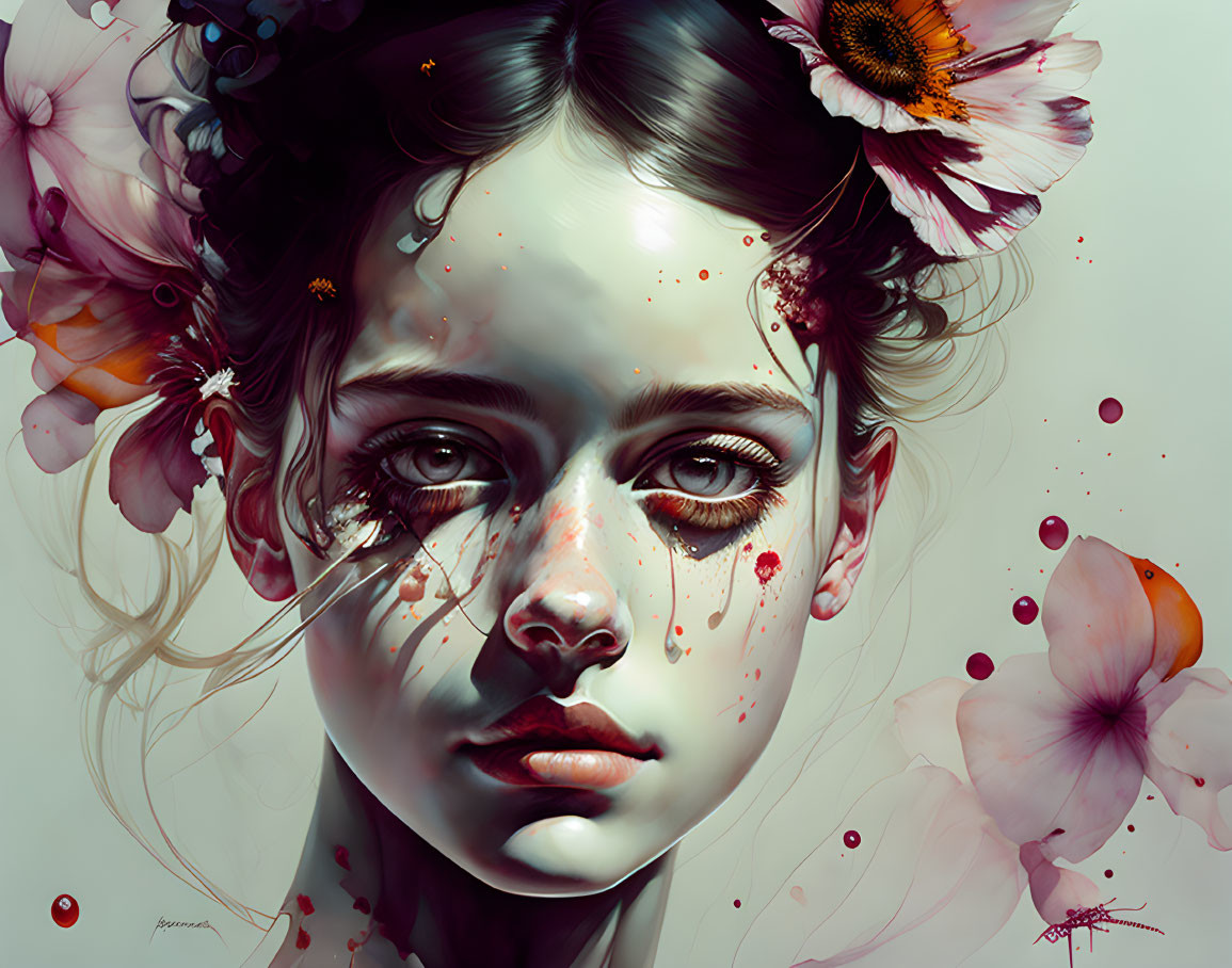 Surreal digital artwork: woman's face with floral and paint splashes