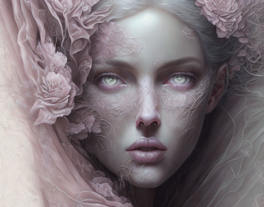 Ethereal portrait of woman with pale skin and floral patterns