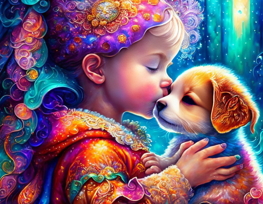 Colorful Wavy-Haired Child Embracing Puppy in Cosmic Setting