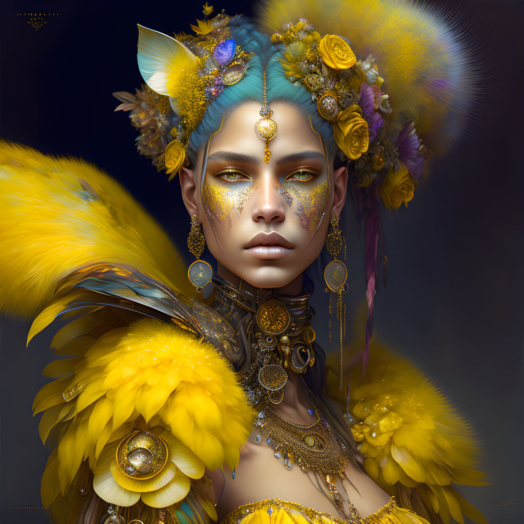 Person adorned with intricate golden jewelry and feathered garment gazes serenely.