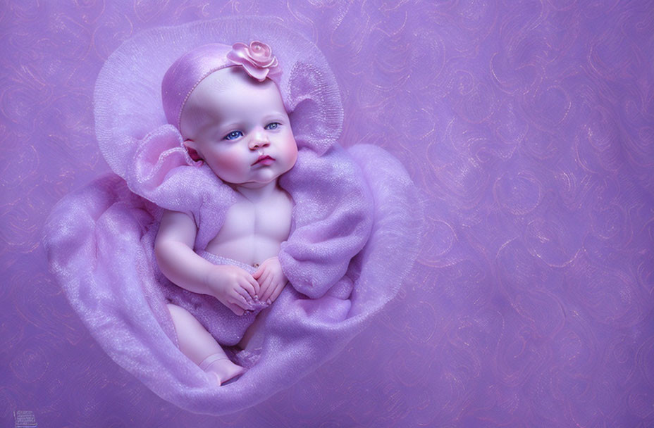 Purple-dressed infant with floral headband on petal-like fabric, against textured background