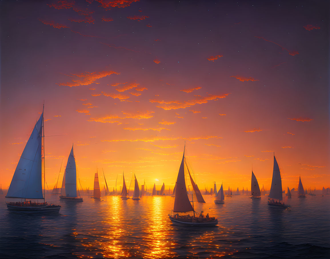 Sailboats on tranquil waters under vibrant orange sunset sky