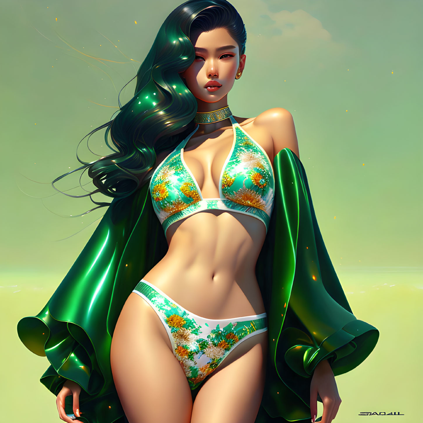 Illustration of woman with green hair, cape, and floral bikini