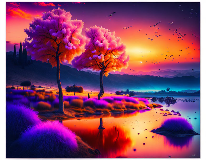 Colorful surreal landscape with trees, water reflections, and birds