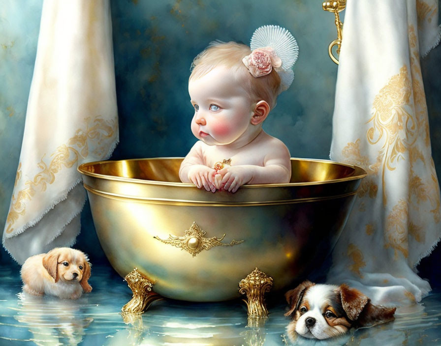 Baby with Hair Bow in Golden Bowl Surrounded by Puppies and Luxurious Curtains