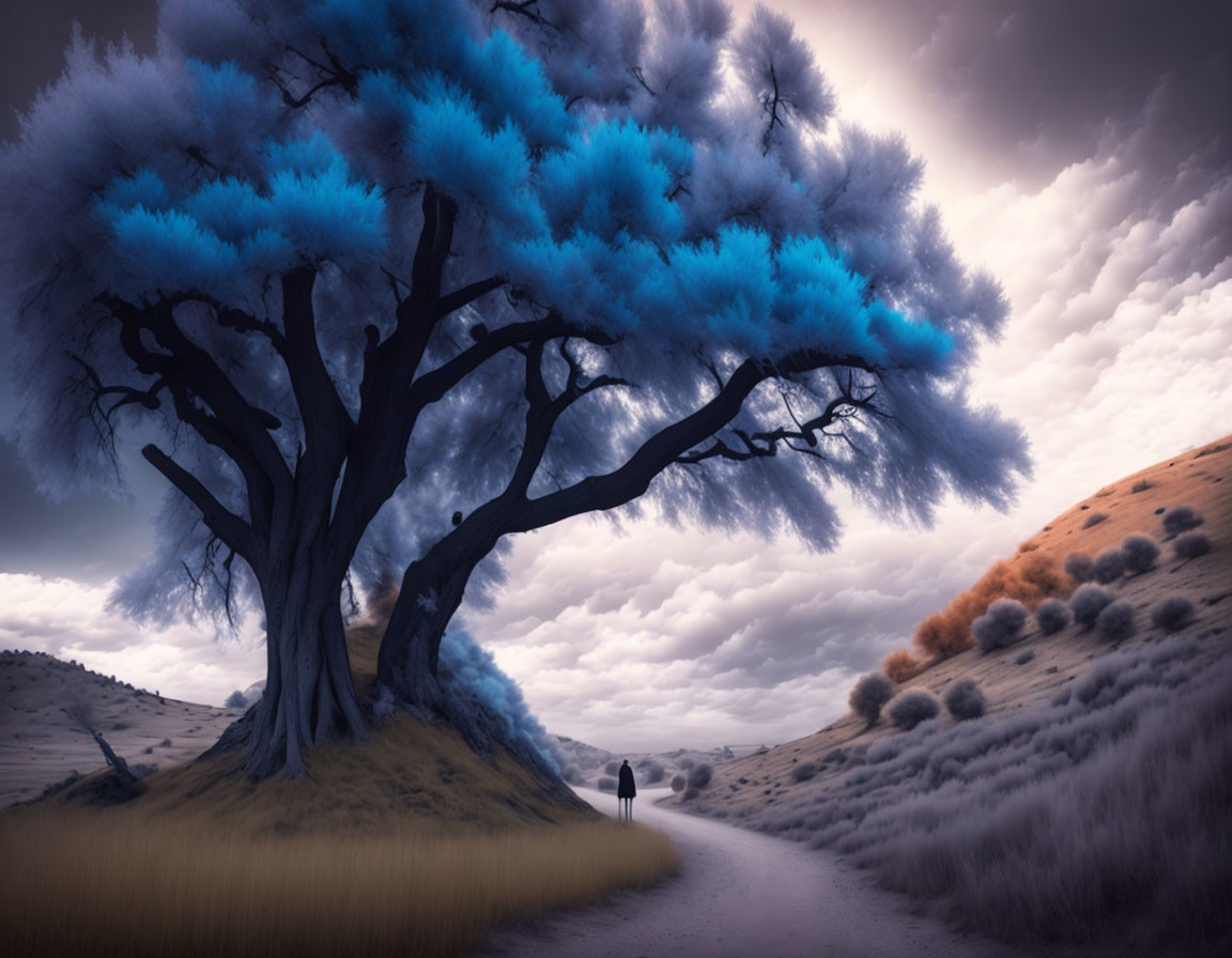 Person walking on path through surreal hills under dramatic sky with large tree and blue leaves