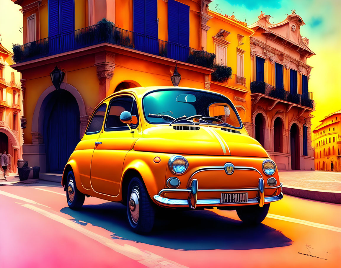 Colorful vintage orange car illustration on sunny street