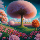 Vibrant pink landscape with oversized trees and fluffy clouds