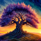 Majestic tree in vibrant fantasy landscape