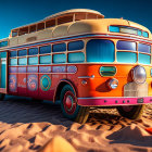 Vintage bus with psychedelic patterns on sandy beach under clear blue sky