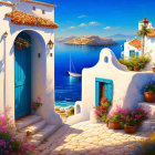 Traditional Greek island coastal scene with white-washed architecture, vibrant flowers, and sailboat on serene blue