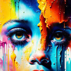 Vibrant abstract paint flows on woman's face against bright backdrop