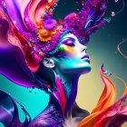 Colorful digital artwork: Woman with fantastical headdress in purple and pink hues