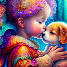 Colorful Wavy-Haired Child Embracing Puppy in Cosmic Setting