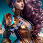 Illustrated female figure in ornate armor with purple hair in fantasy setting